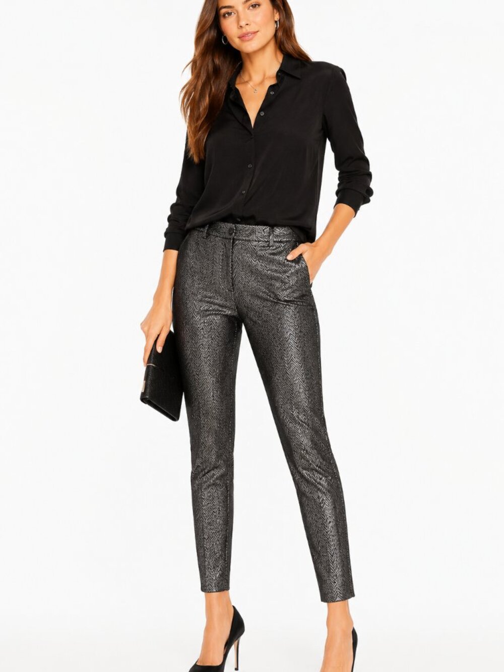 White House Black Market The Slim Ankle Pants – Gunmetal Jacquard, Size 6R, NWT